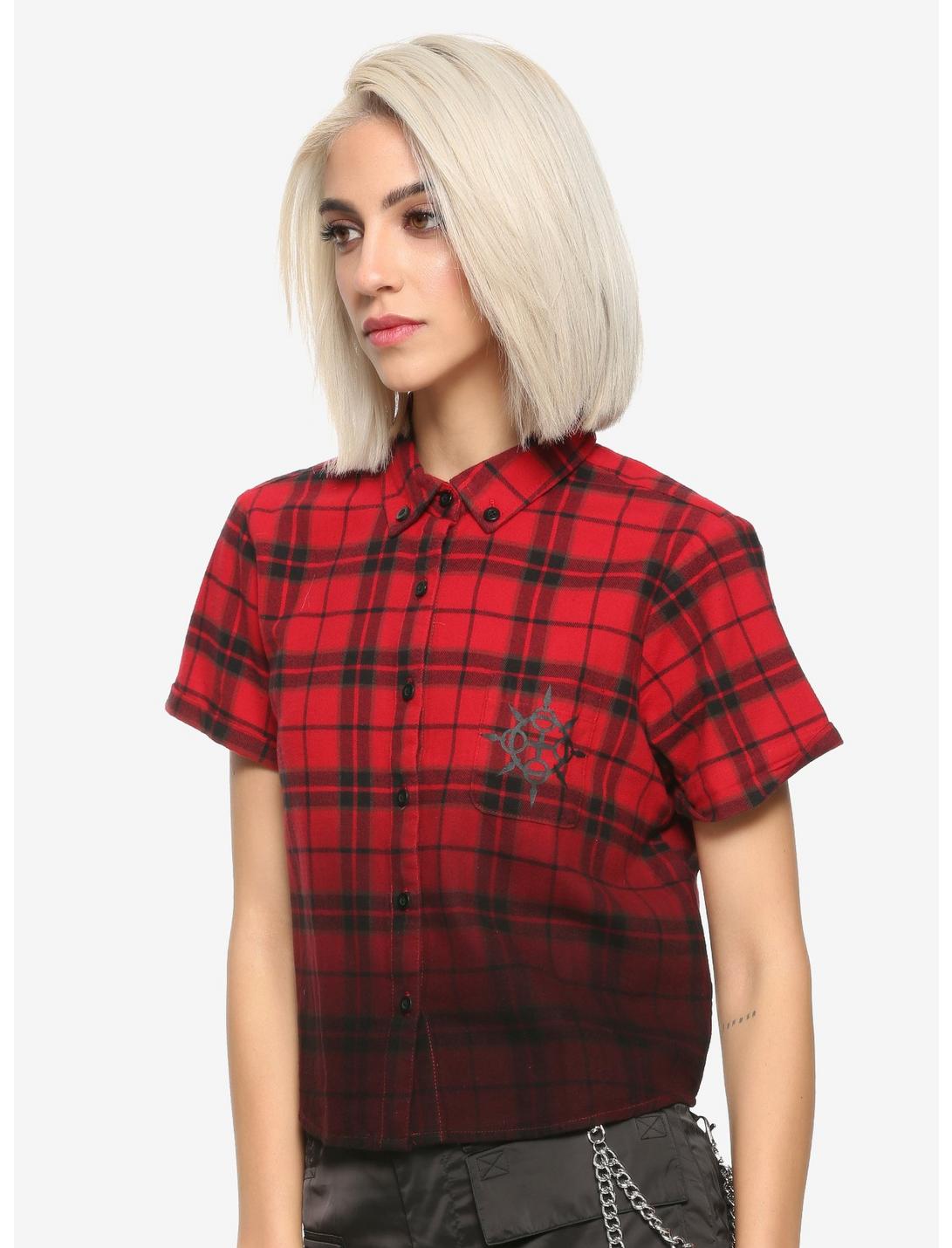 Disney Kingdom Hearts III Axel Plaid Girls Crop Woven Button-Up Hot Topic Exclusive, PLAID, hi-res