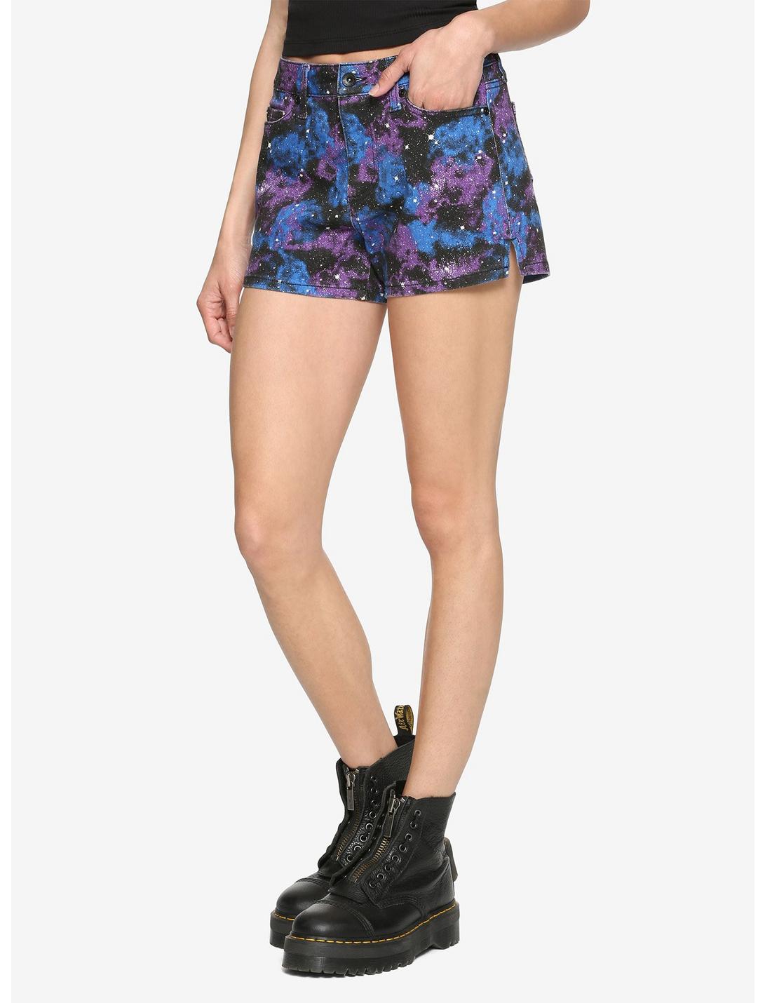 Blue & Purple Galaxy Hi-Rise Skinny Shorts With Slits, MULTI, hi-res