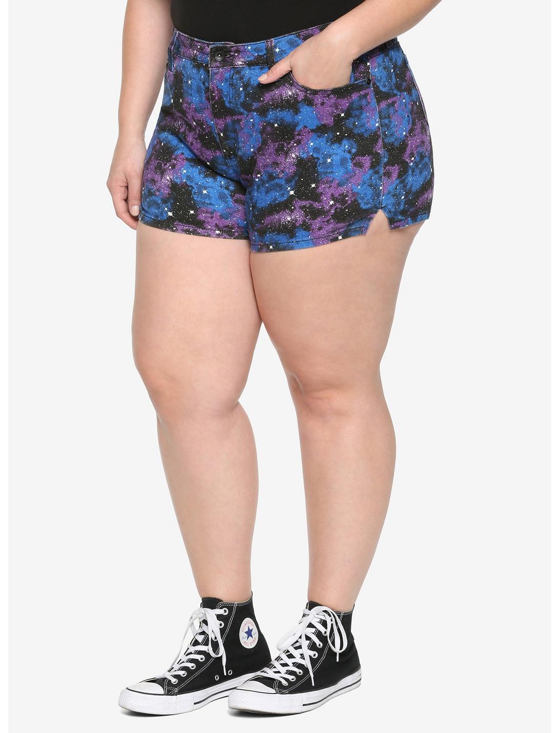 Blue & Purple Galaxy Hi-Rise Skinny Shorts With Slits Plus Size, MULTI, hi-res