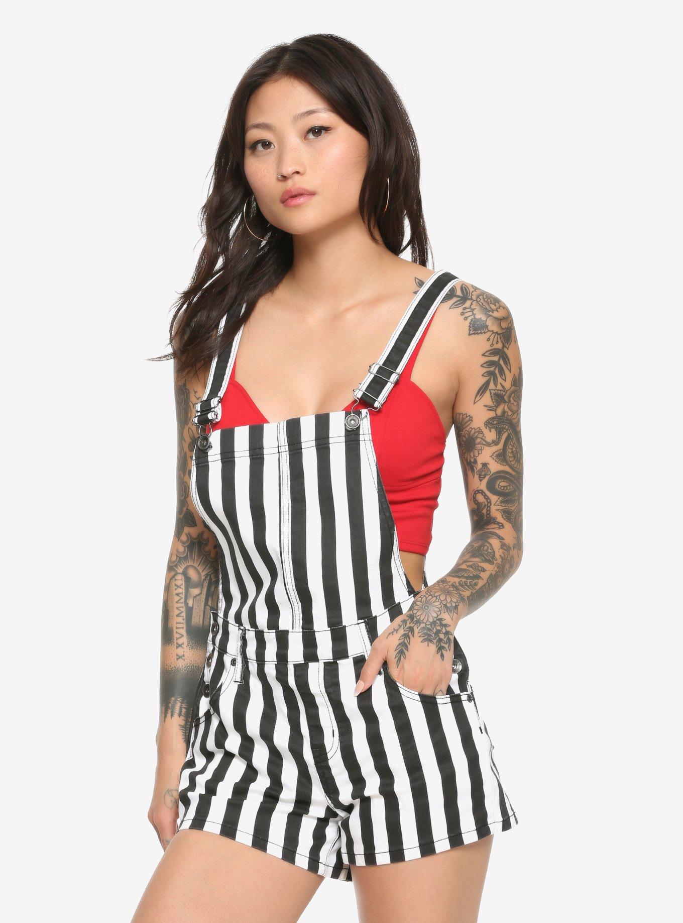 Black & White Striped Shortalls, BLACK WHITE STRIPE, hi-res