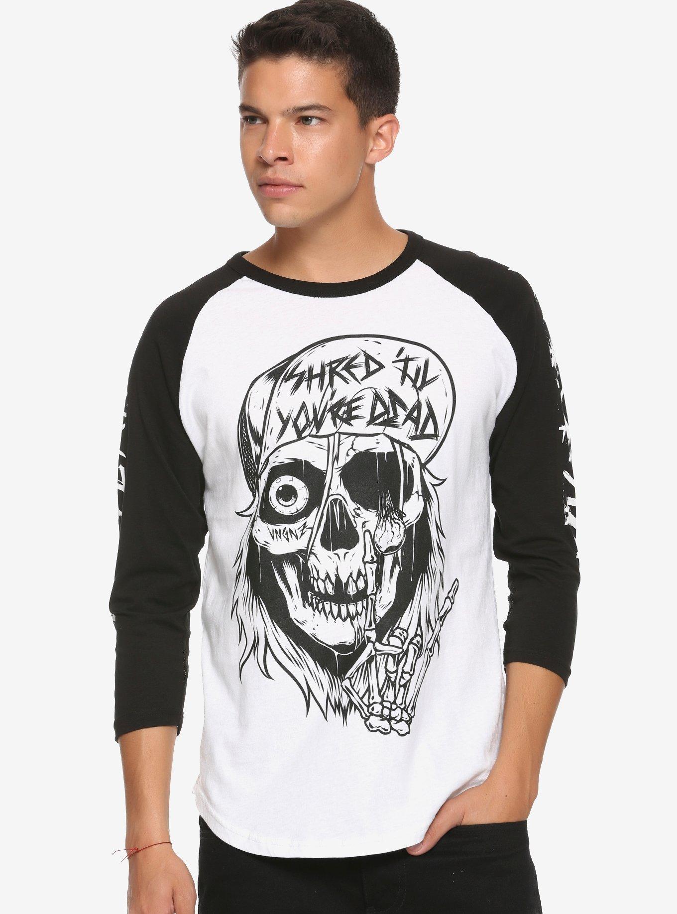 Vengeance University Shred 'Til You're Dead Skull Raglan, BLACK, hi-res