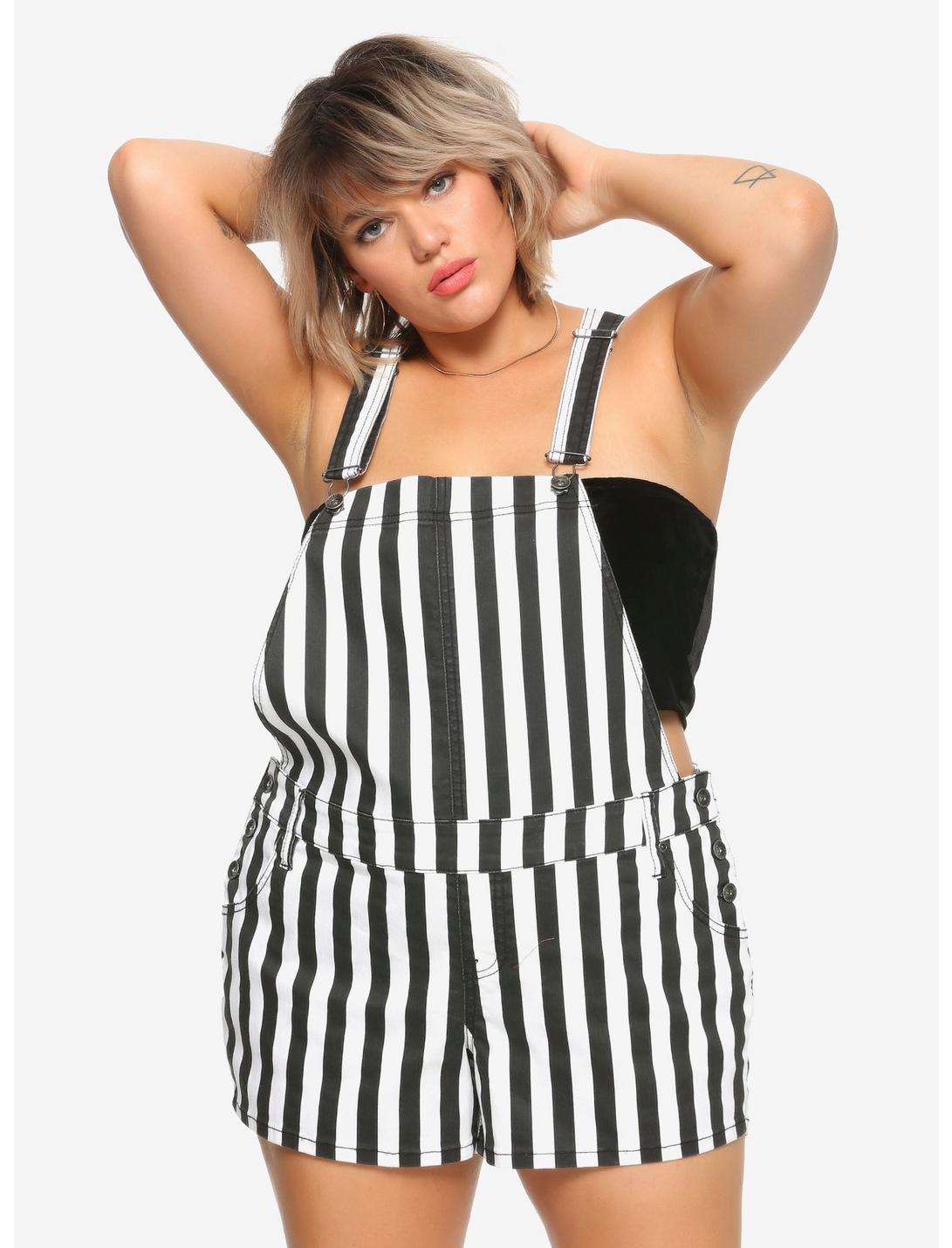 Black & White Striped Shortalls Plus Size, BLACK WHITE STRIPE, hi-res