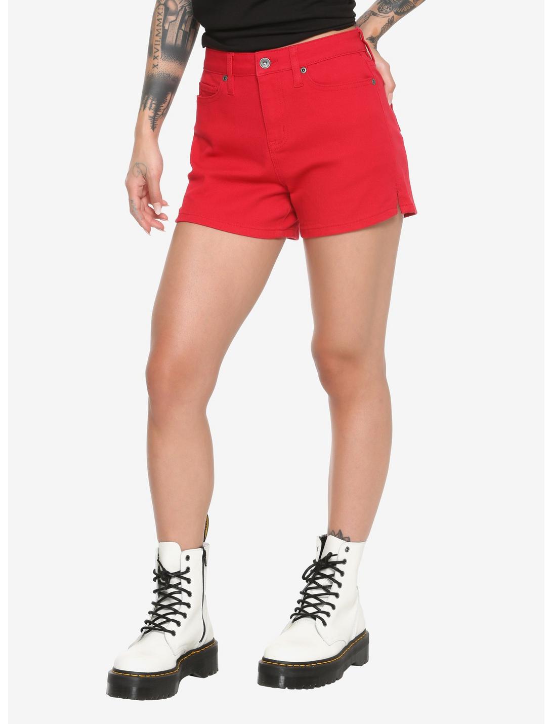 Red Hi-Rise Skinny Shorts With Slits, RED, hi-res