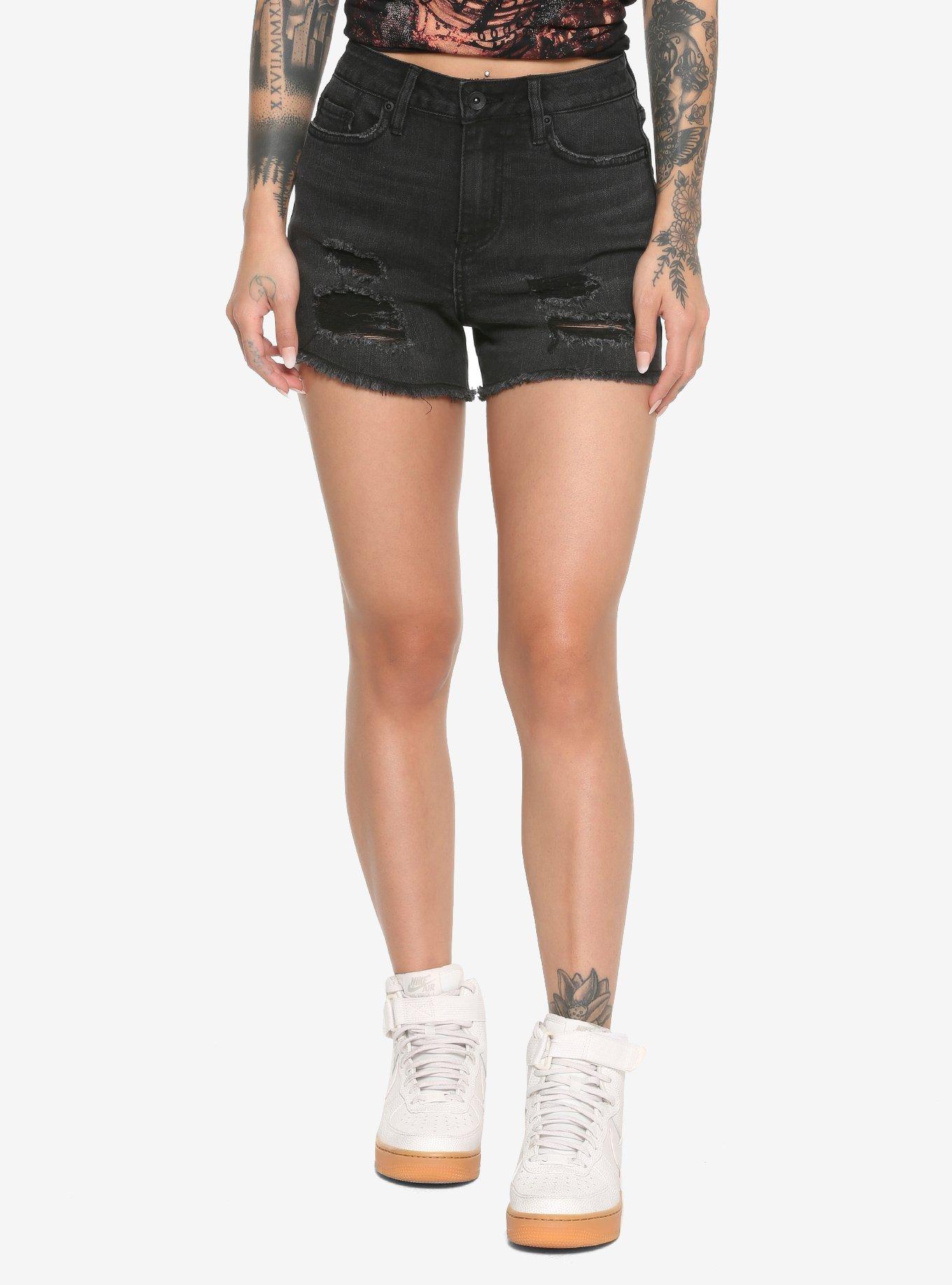 Black Distressed Hi-Rise Skinny Shorts, BLACK, hi-res