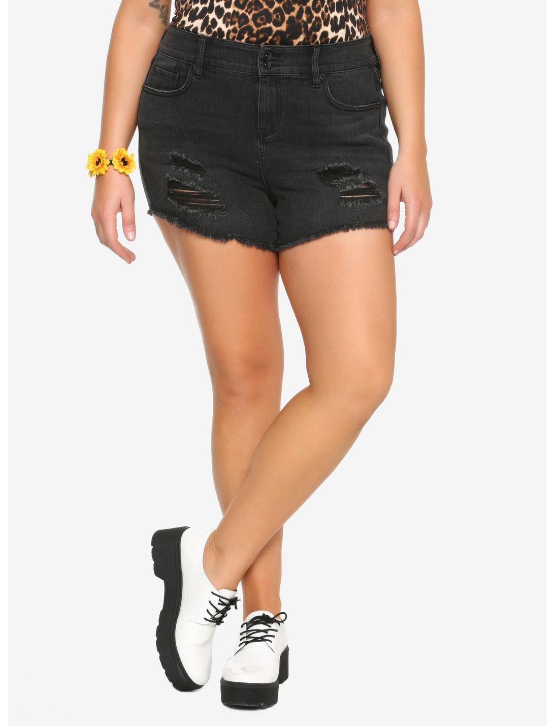 Black Wash Distressed Denim Shorts Plus Size, BLACK, hi-res