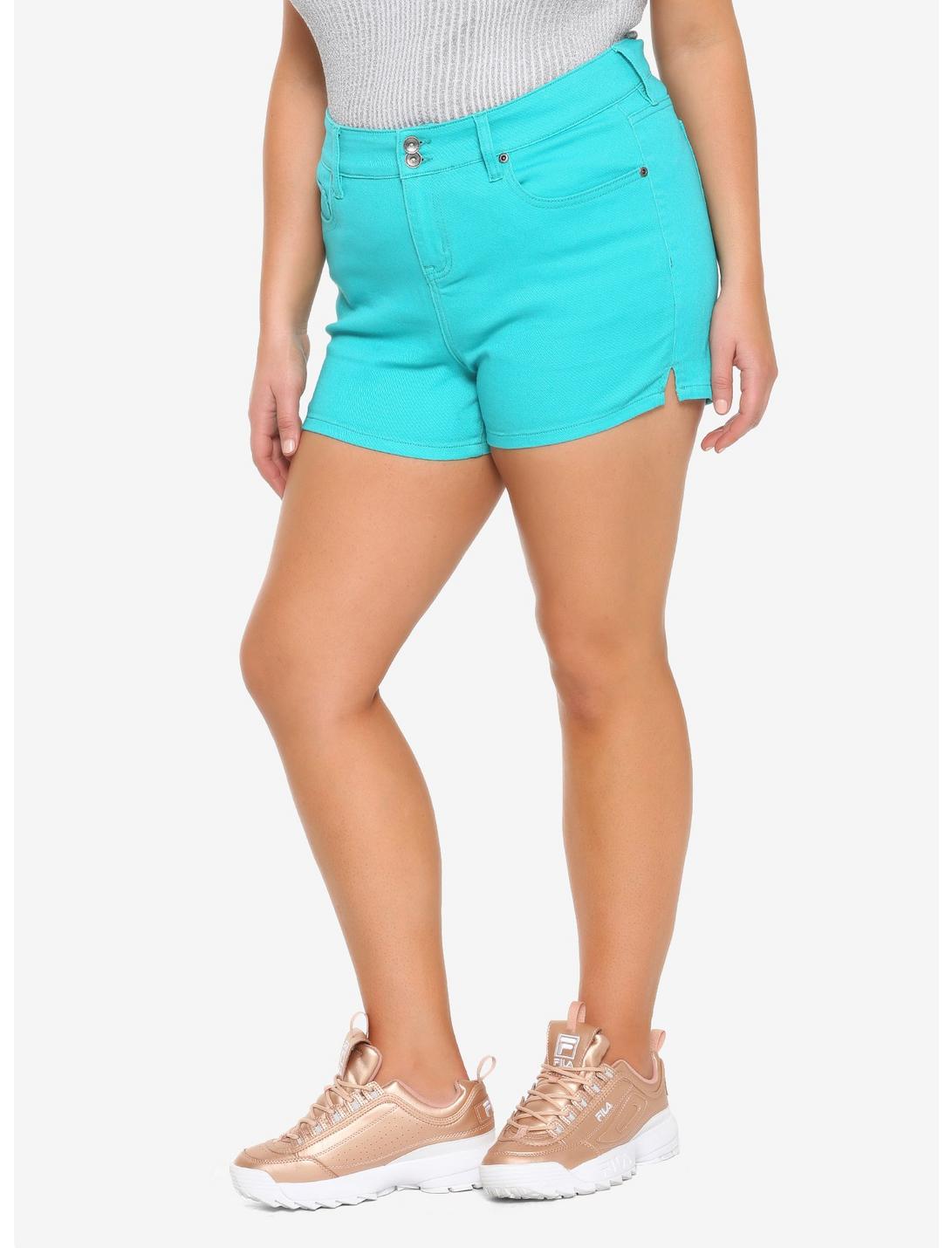 Turquoise Hi-Rise Skinny Shorts With Slits Plus Size, TEAL, hi-res