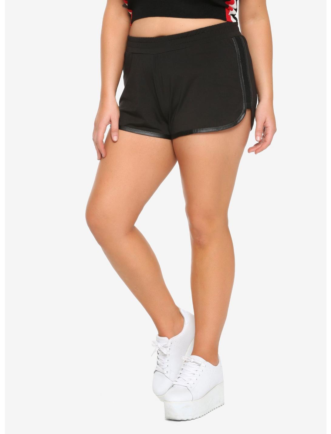 Black Mesh Tape Girls Soft Shorts Plus Size, BLACK, hi-res