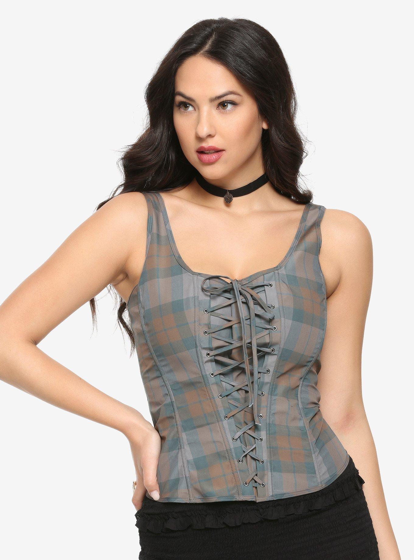 Outlander Tartan Lace-Up Corset Hot Topic Exclusive, GREY, hi-res