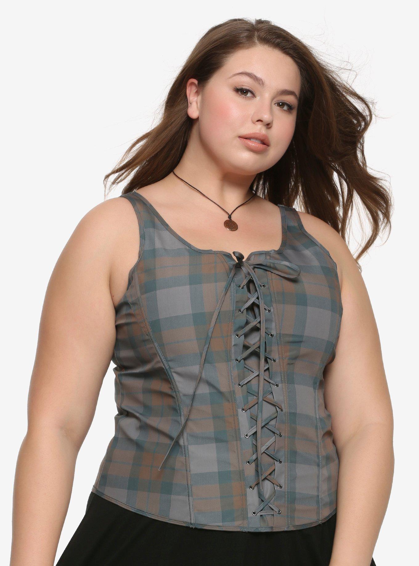 Outlander Tartan Lace-Up Corset Plus Size Hot Topic Exclusive, GREY, hi-res