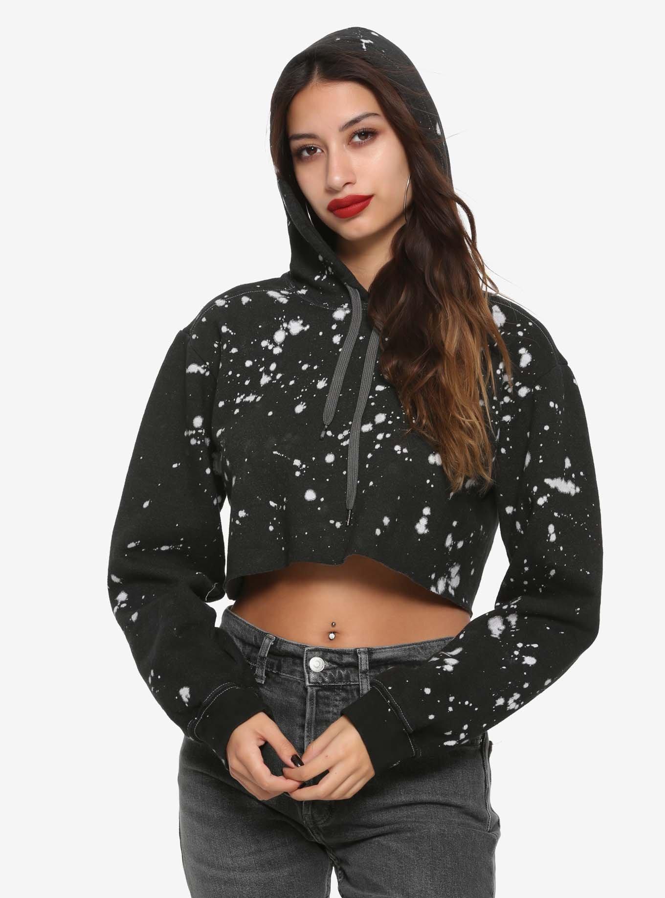 Black & White Bleach Splatter Girls Crop Hoodie, TIE DYE, hi-res