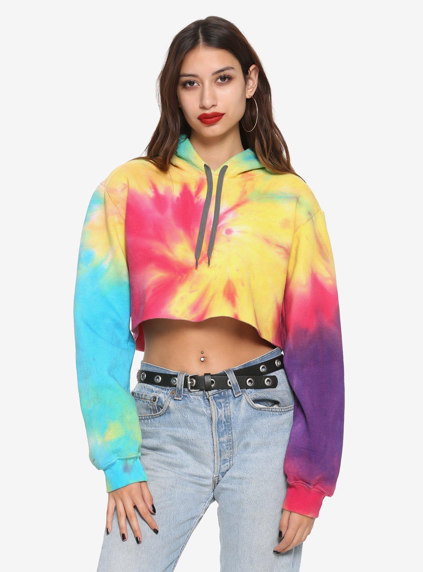 Rainbow Tie-Dye Girls Crop Hoodie, TIE DYE, hi-res