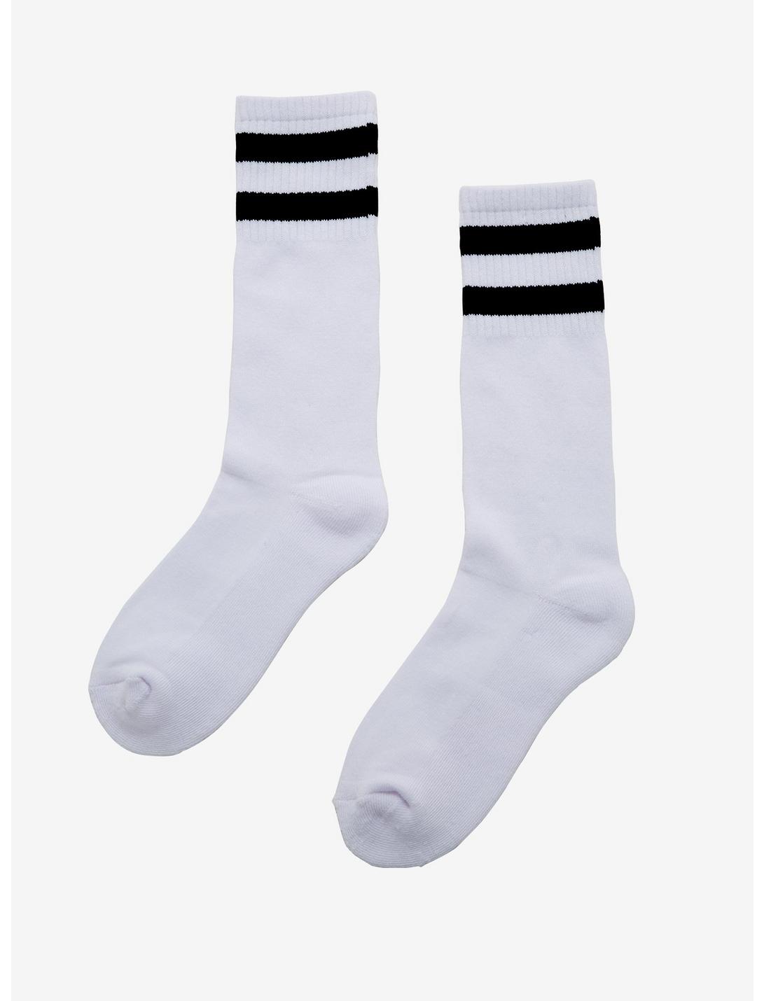 White & Black Stripe Varsity Crew Socks, , hi-res
