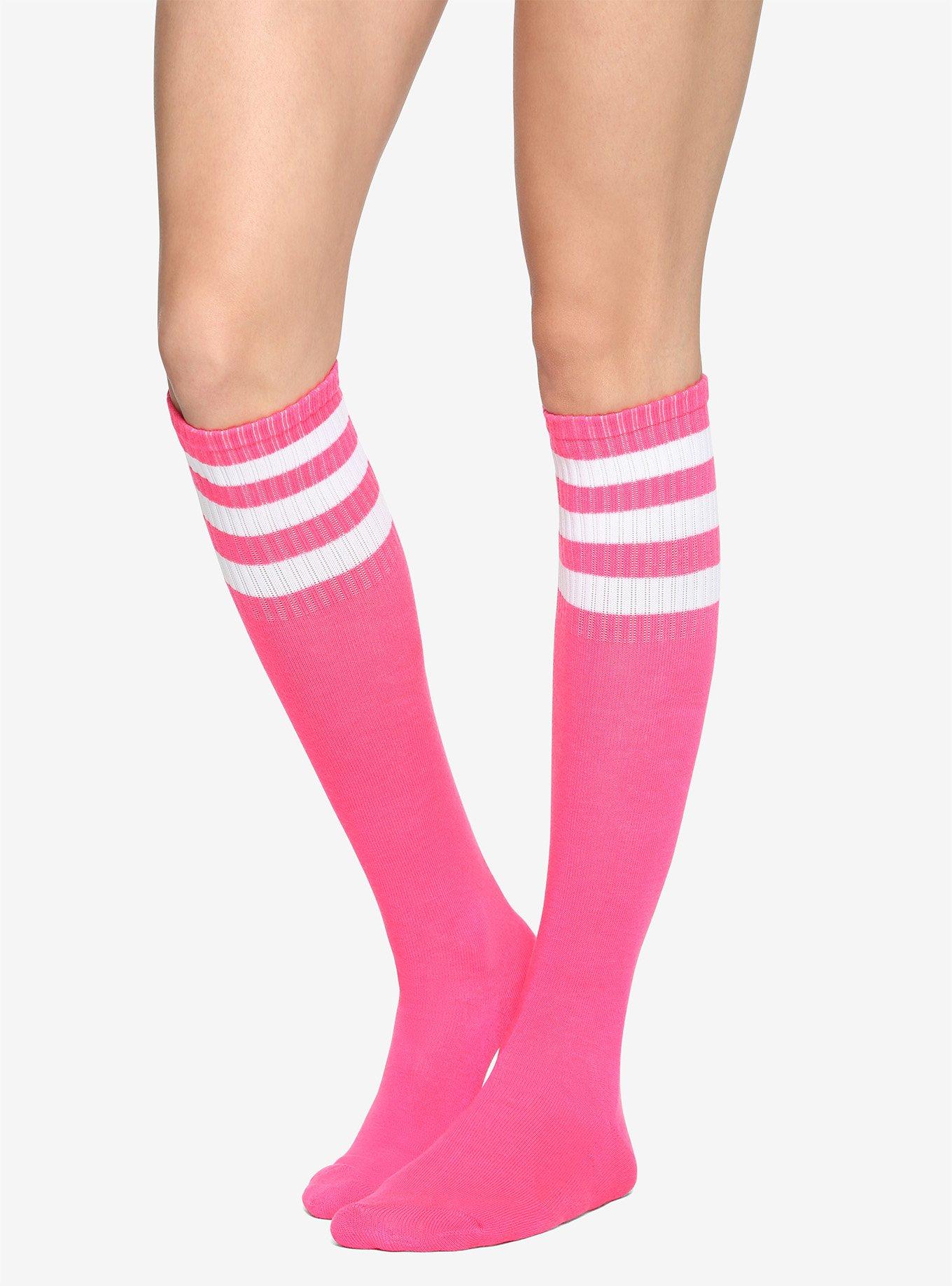 Neon Pink & White Cushioned Knee-High Crew Socks, , hi-res