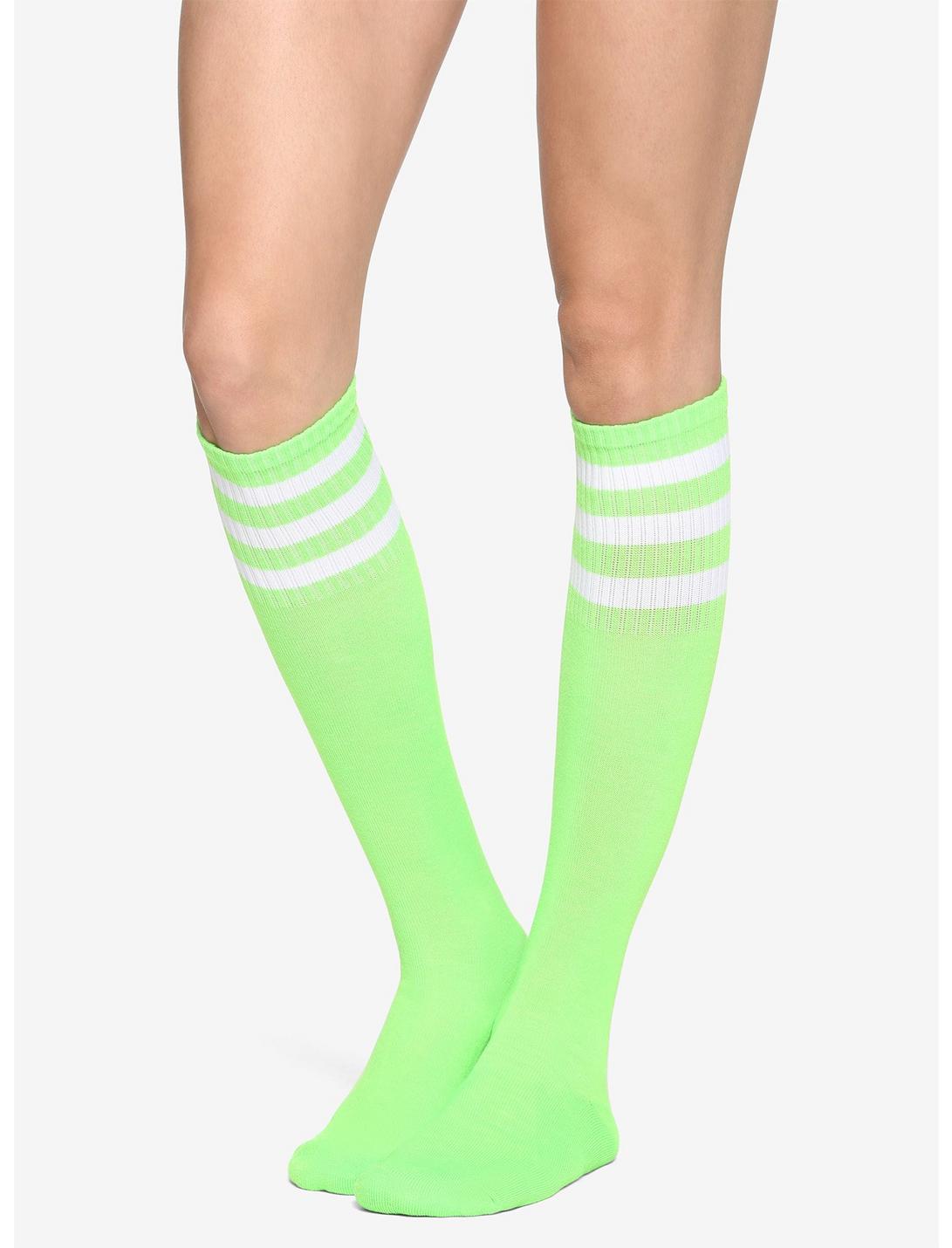 Neon Green & White Cushioned Knee-High Crew Socks, , hi-res