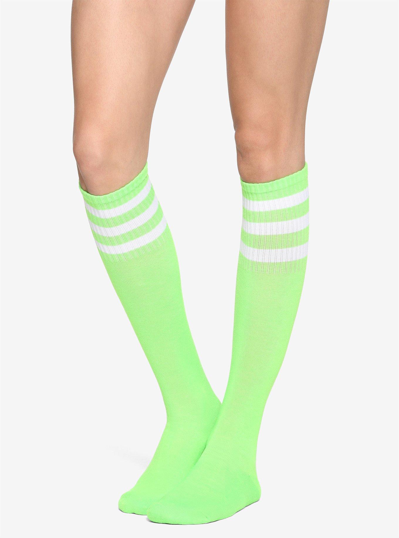 Neon Green & White Cushioned Knee-High Crew Socks, , hi-res