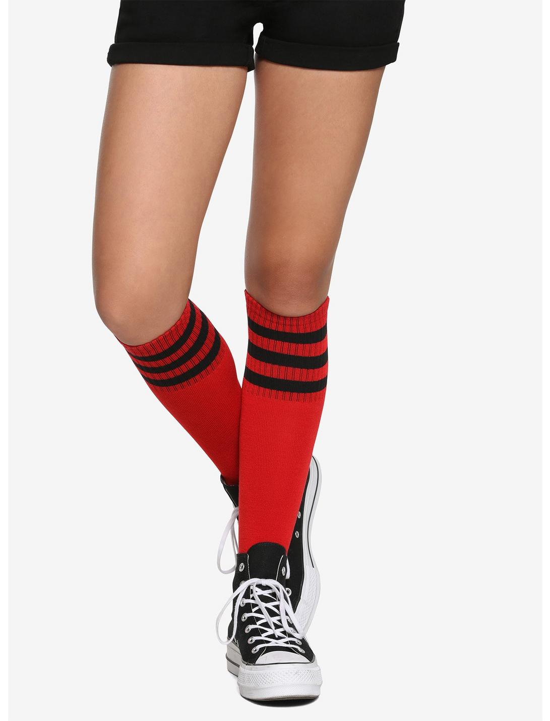 Red & Black Varsity Stripe Knee-High Socks, , hi-res
