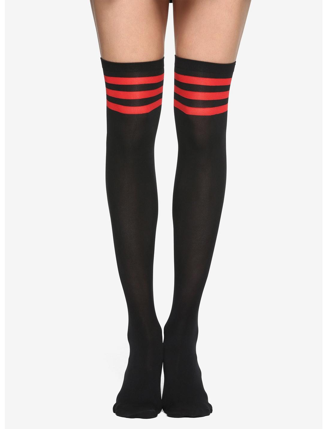 Black & Red Varsity Stripe Thigh Highs, , hi-res