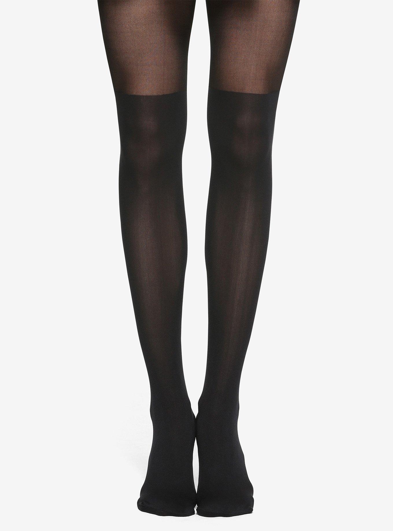 Black Faux Thigh High Tights, BLACK, hi-res