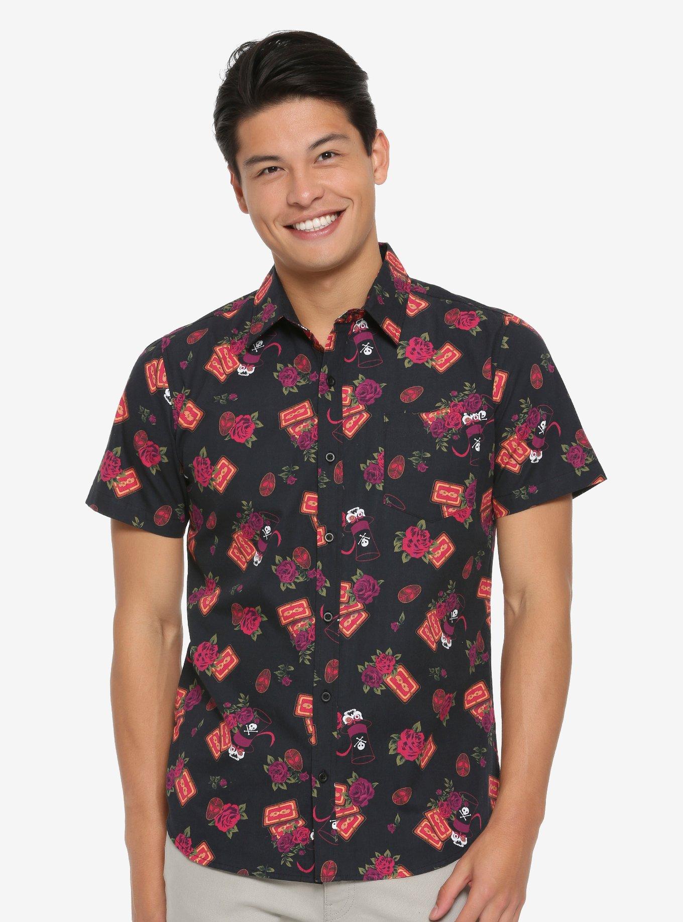 Disney The Princess And The Frog Floral Card Woven Button-Up - BoxLunch Exclusive, BLACK, hi-res