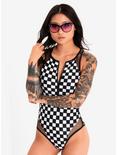 Black & White Checkered Zip-Up Swimsuit, BLACK  WHITE, hi-res