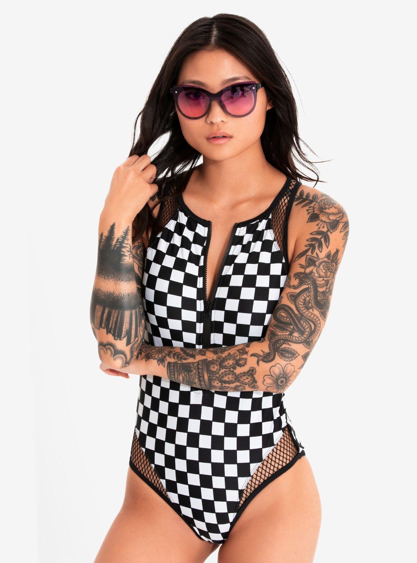 Black & White Checkered Zip-Up Swimsuit, BLACK  WHITE, hi-res