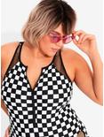 Black & White Checkered Zip-Up Swimsuit Plus Size, BLACK  WHITE, hi-res