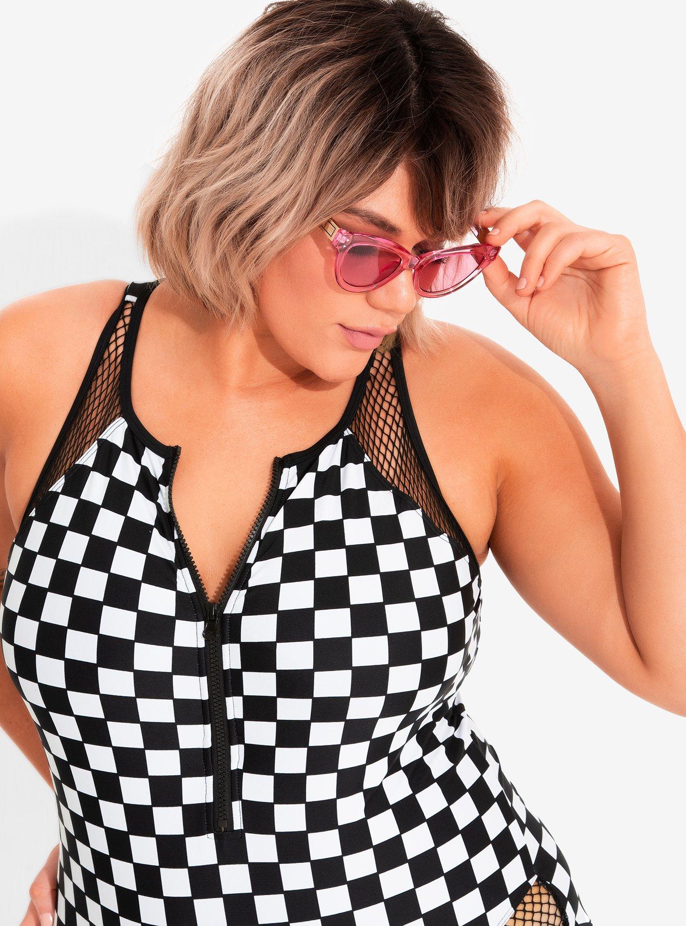 Black White Checkered Zip Up Swimsuit Plus Size Hot Topic