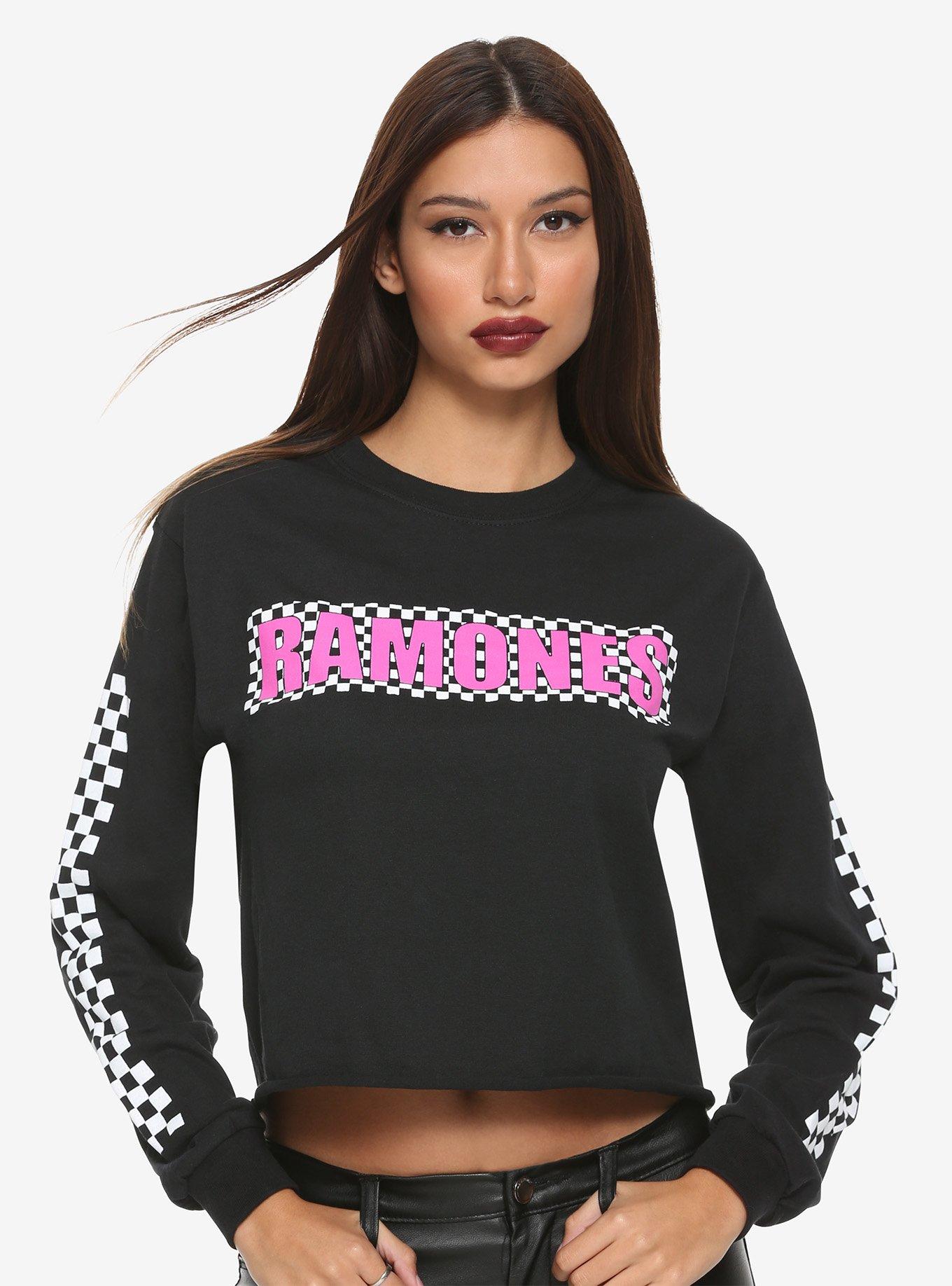 Ramones Black & White Checkered Crop Long-Sleeve Girls T-Shirt, BLACK, hi-res