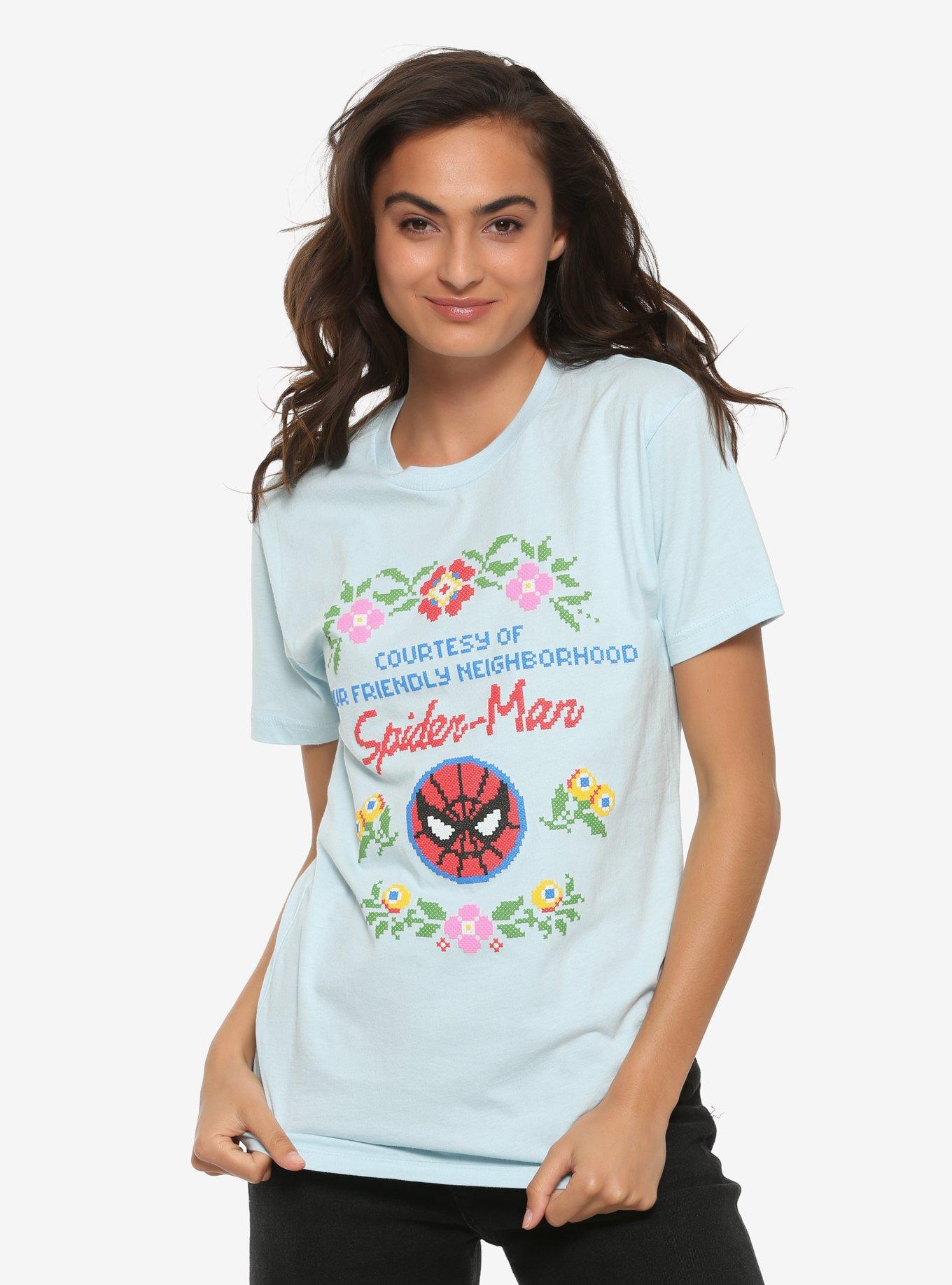 Marvel Spider-Man Floral Cross-Stitch Womens T-Shirt - BoxLunch Exclusive, BLUE, hi-res