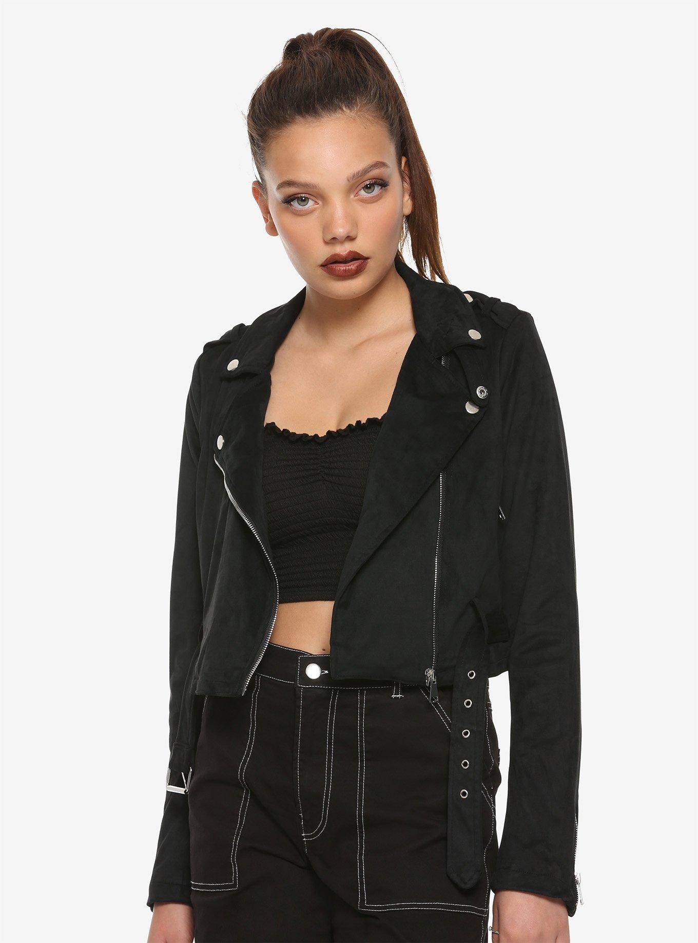 Black Faux Suede Girls Moto Jacket, BLACK, hi-res