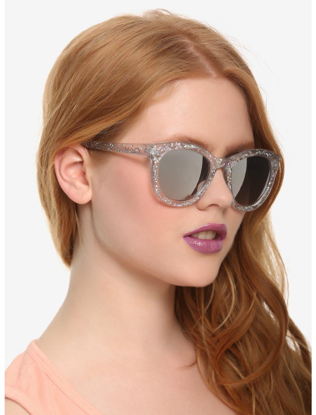 Clear Glitter Mirror Lens Retro Sunglasses, , hi-res