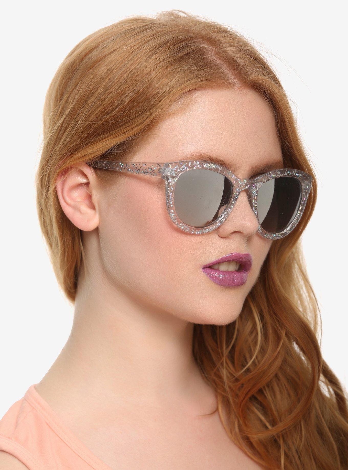 Clear Glitter Mirror Lens Retro Sunglasses, , hi-res