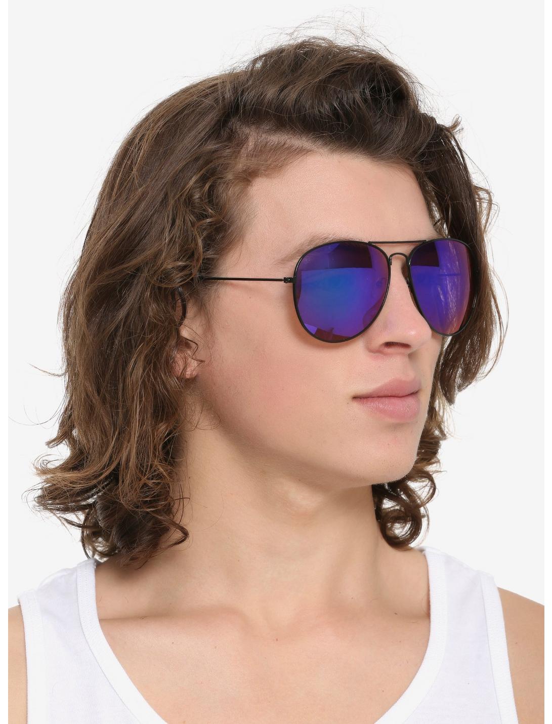 Blue Mirrored Aviator Sunglasses, , hi-res
