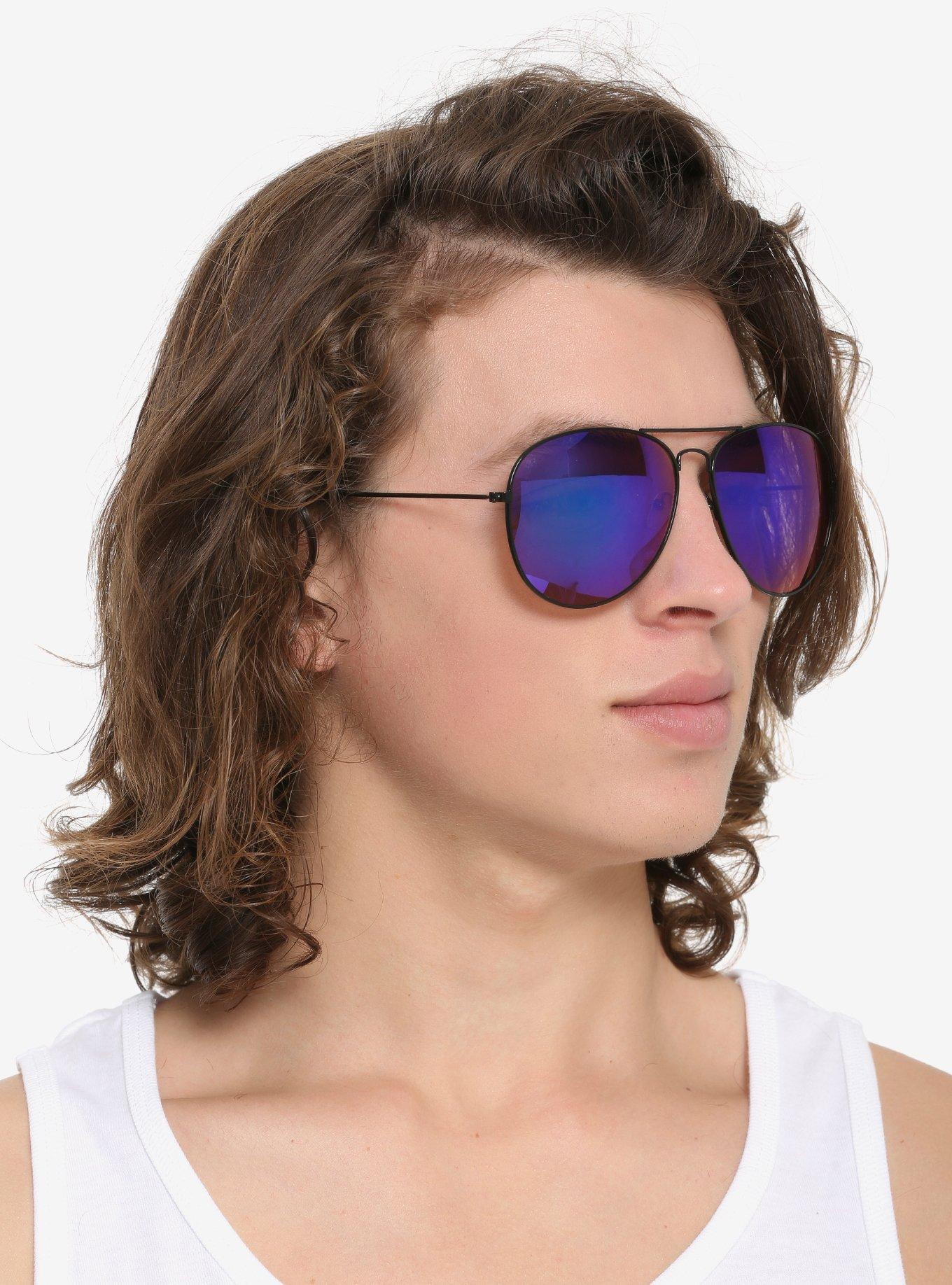 Blue Mirrored Aviator Sunglasses, , hi-res