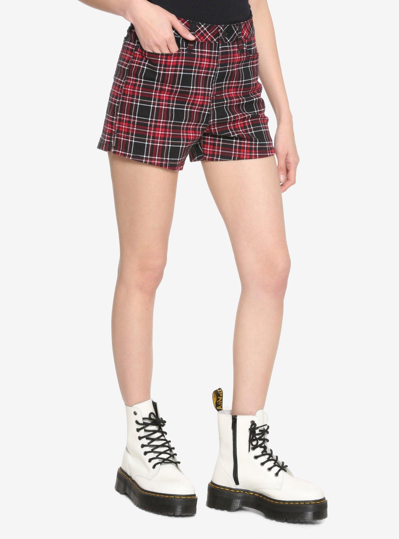 Red & Black Plaid Hi-Rise Skinny Shorts With Slits, PLAID, hi-res