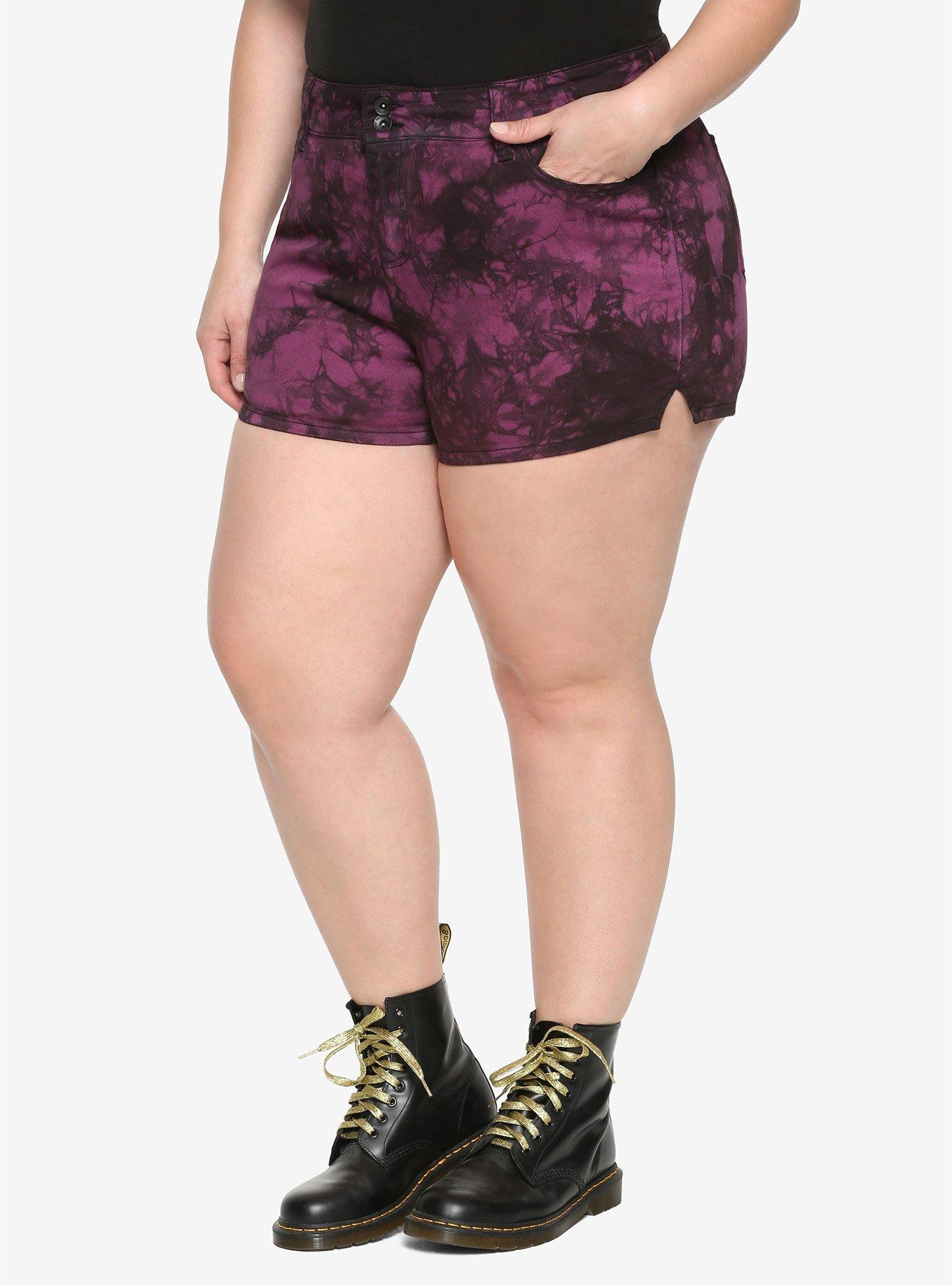 Purple & Black Tie-Dye Hi-Rise Skinny Shorts With Slits Plus Size, TIE DYE, hi-res