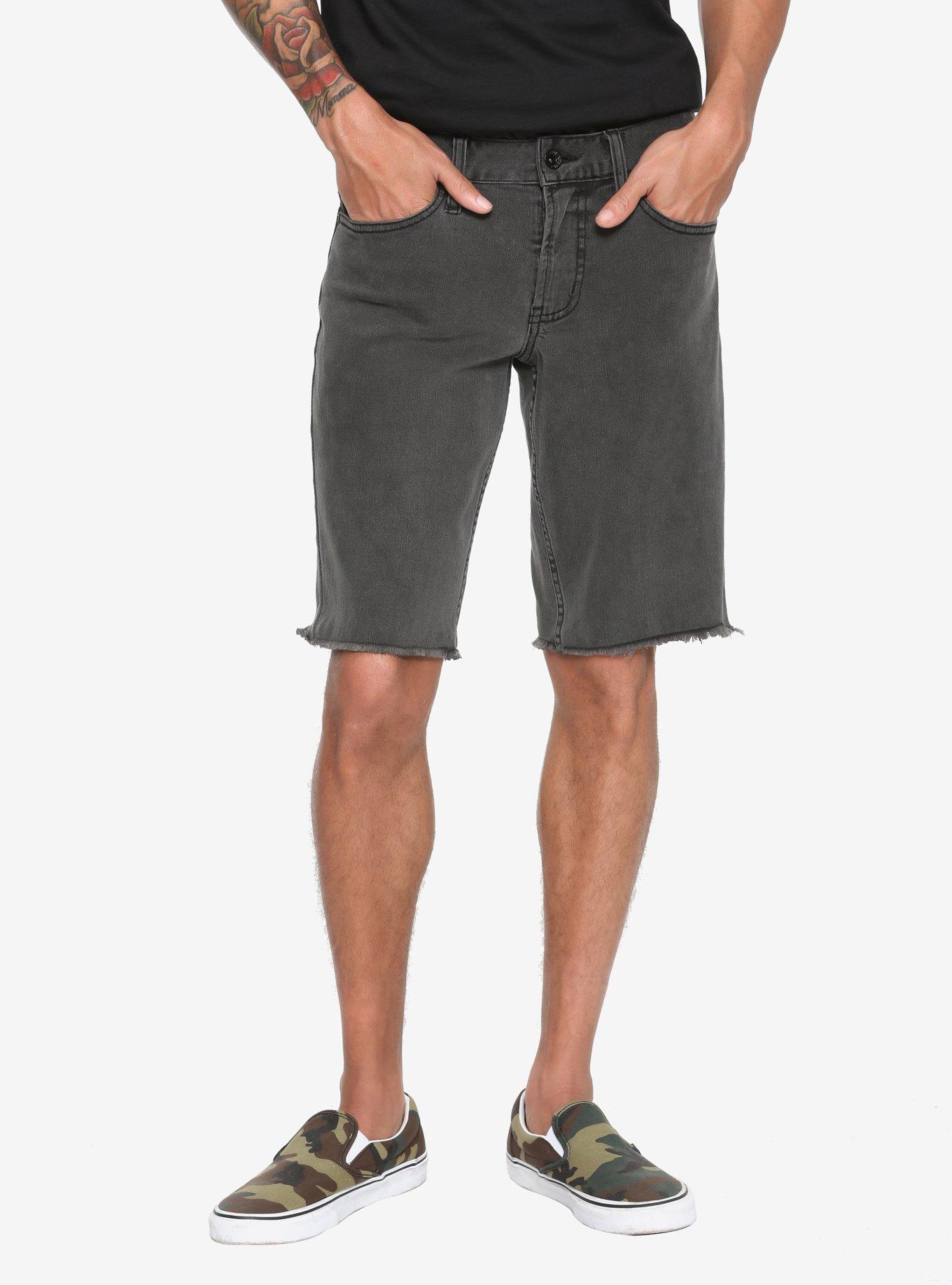 Washed Black Raw Hem Skinny Shorts, BLACK, hi-res