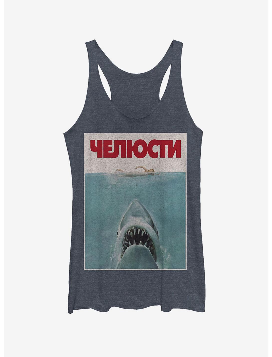 Russian Title Shark Poster Girls Tank, NAVY HTR, hi-res