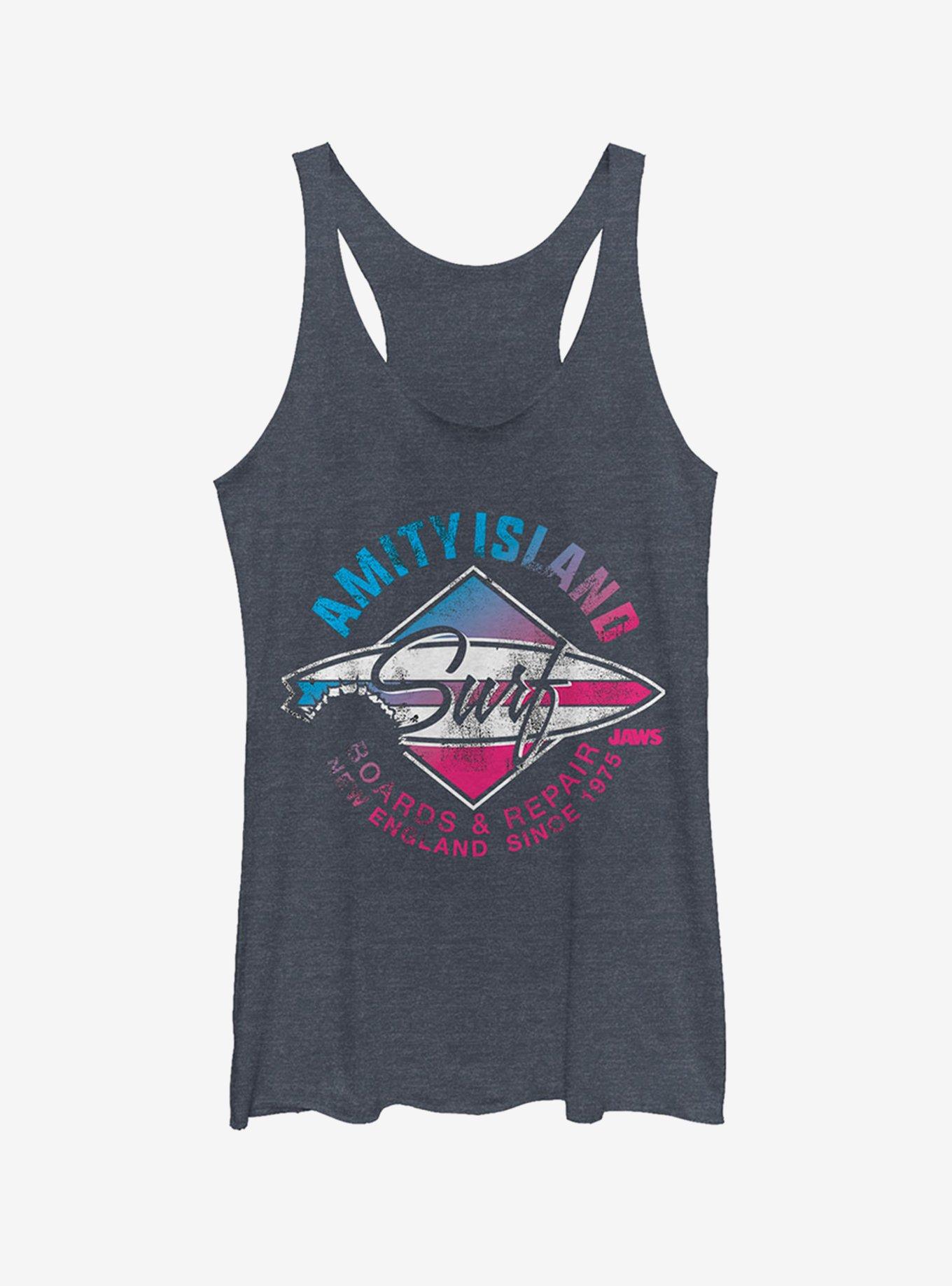 Jaws Amity Island Surfboard Repair Girls Tank, NAVY HTR, hi-res