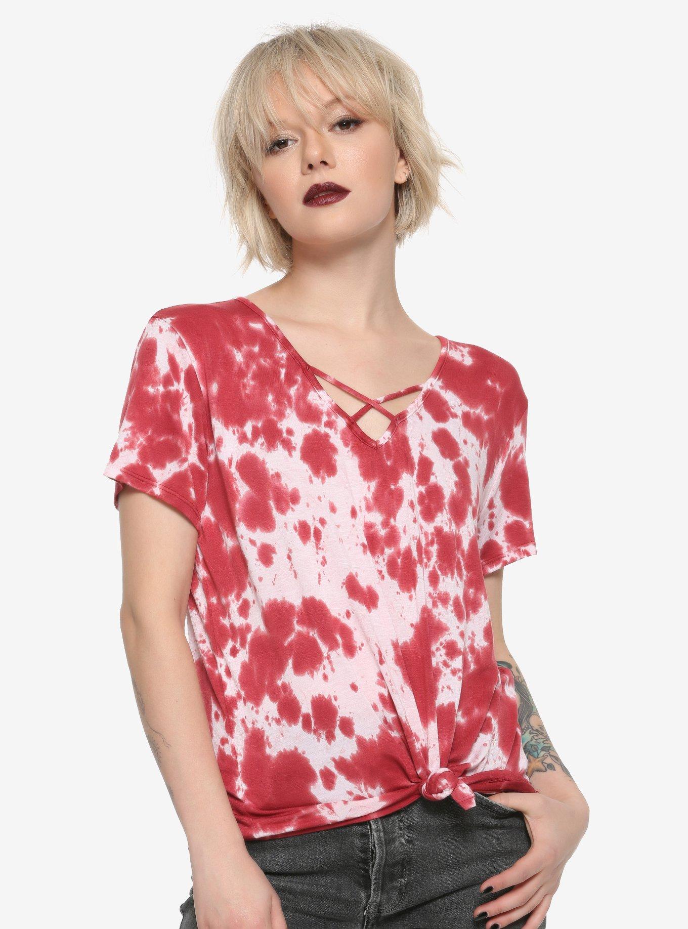 Red Bleach Wash V-Neck Tie-Front Girls T-Shirt, TIE DYE, hi-res