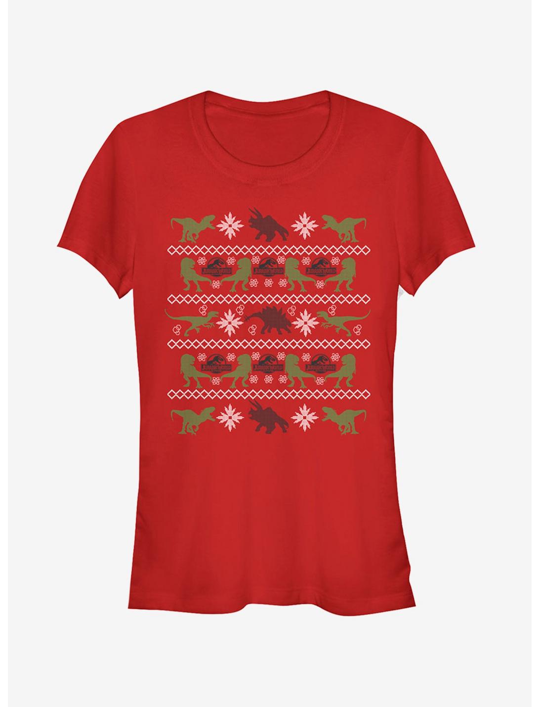 Velociraptor Ugly Christmas Sweater Girls T-Shirt, RED, hi-res