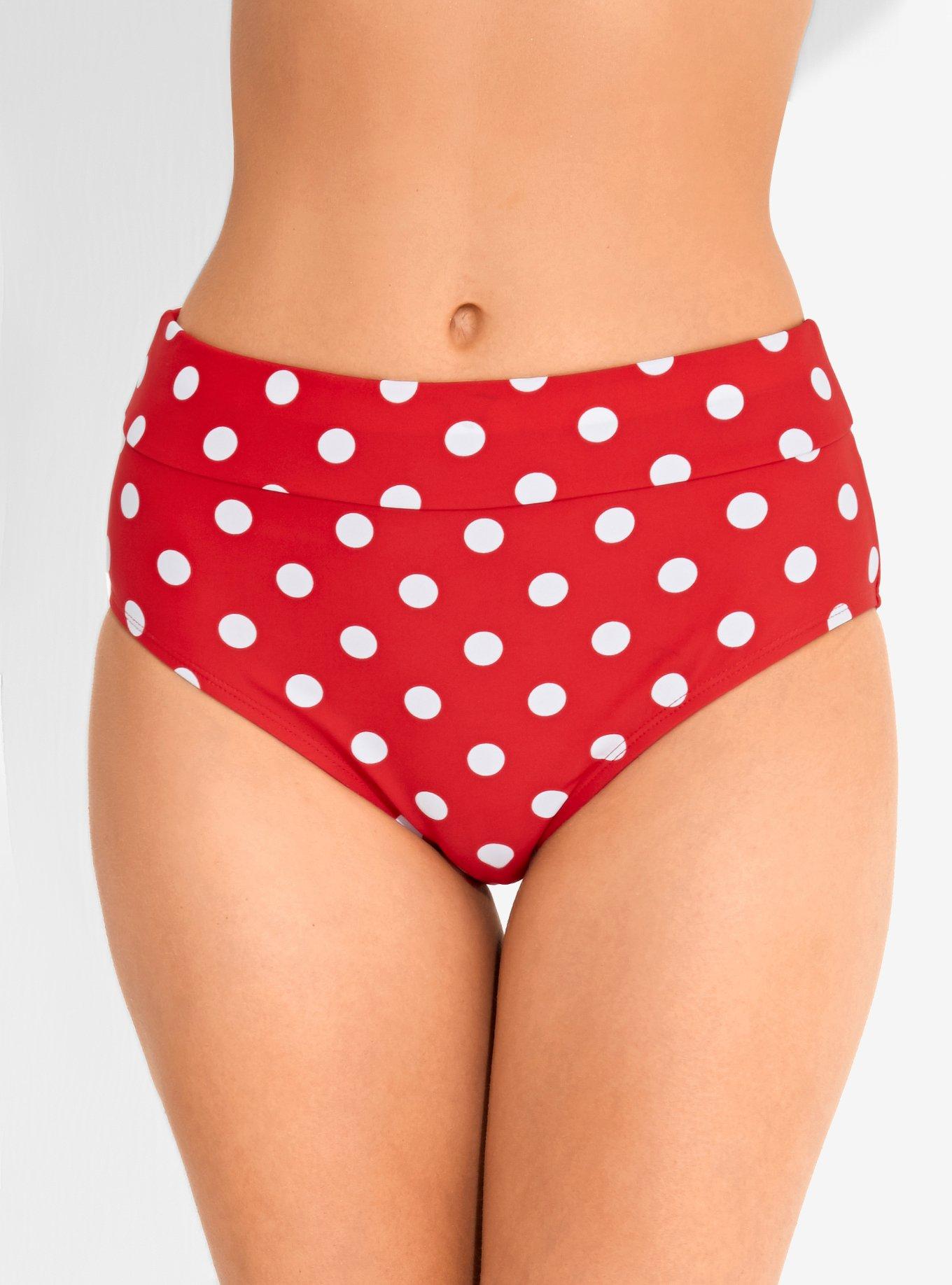 Red & White Polka Dot High-Waisted Swim Bottoms, RED, hi-res