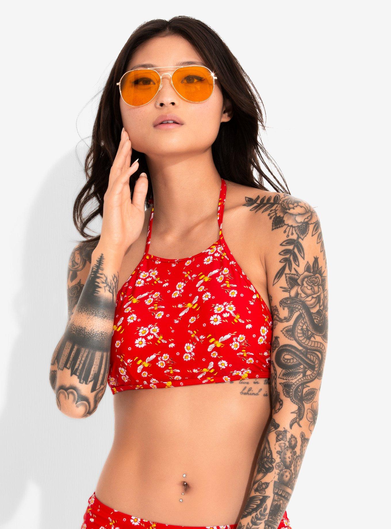 Daisy & Bumble Bee Halter Swim Top, RED, hi-res