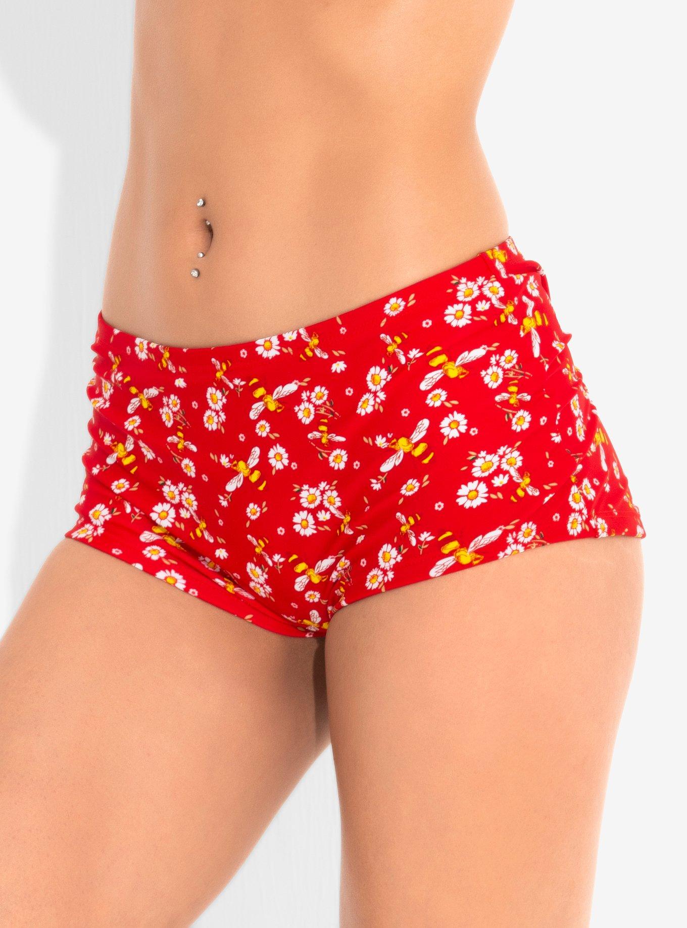 Daisy & Bumble Bee Halter Swim Bottoms, RED, hi-res