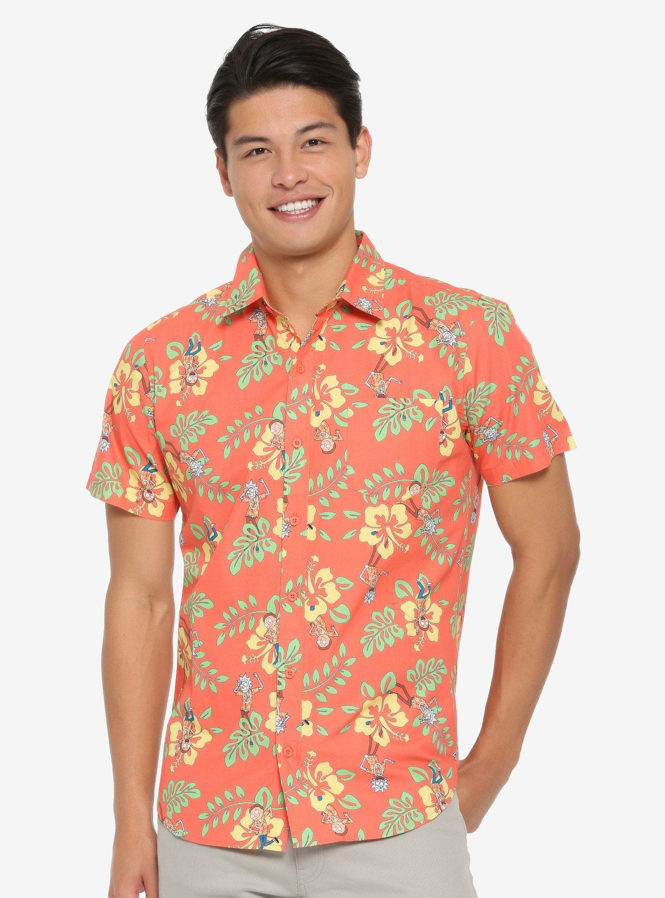 Rick And Morty Tropical Floral Woven Button-Up - BoxLunch Exclusive, RED, hi-res