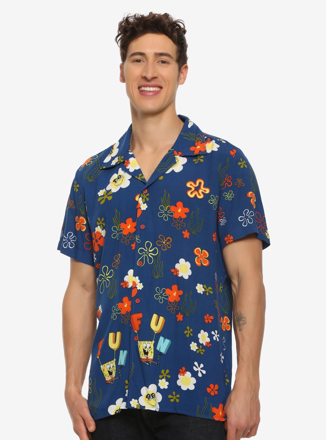 SpongeBob SquarePants Floral F.U.N. Woven Button-Up - BoxLunch Exclusive, BLUE, hi-res