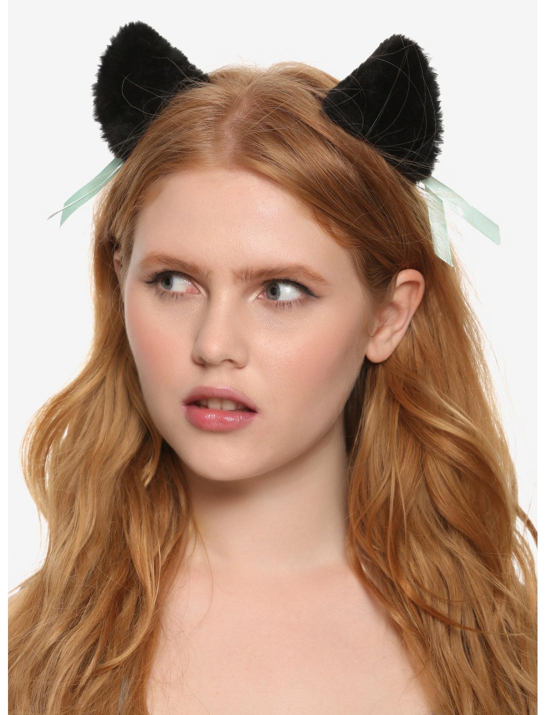 Black & Teal Fuzzy Cat Ear Hair Clips, , hi-res