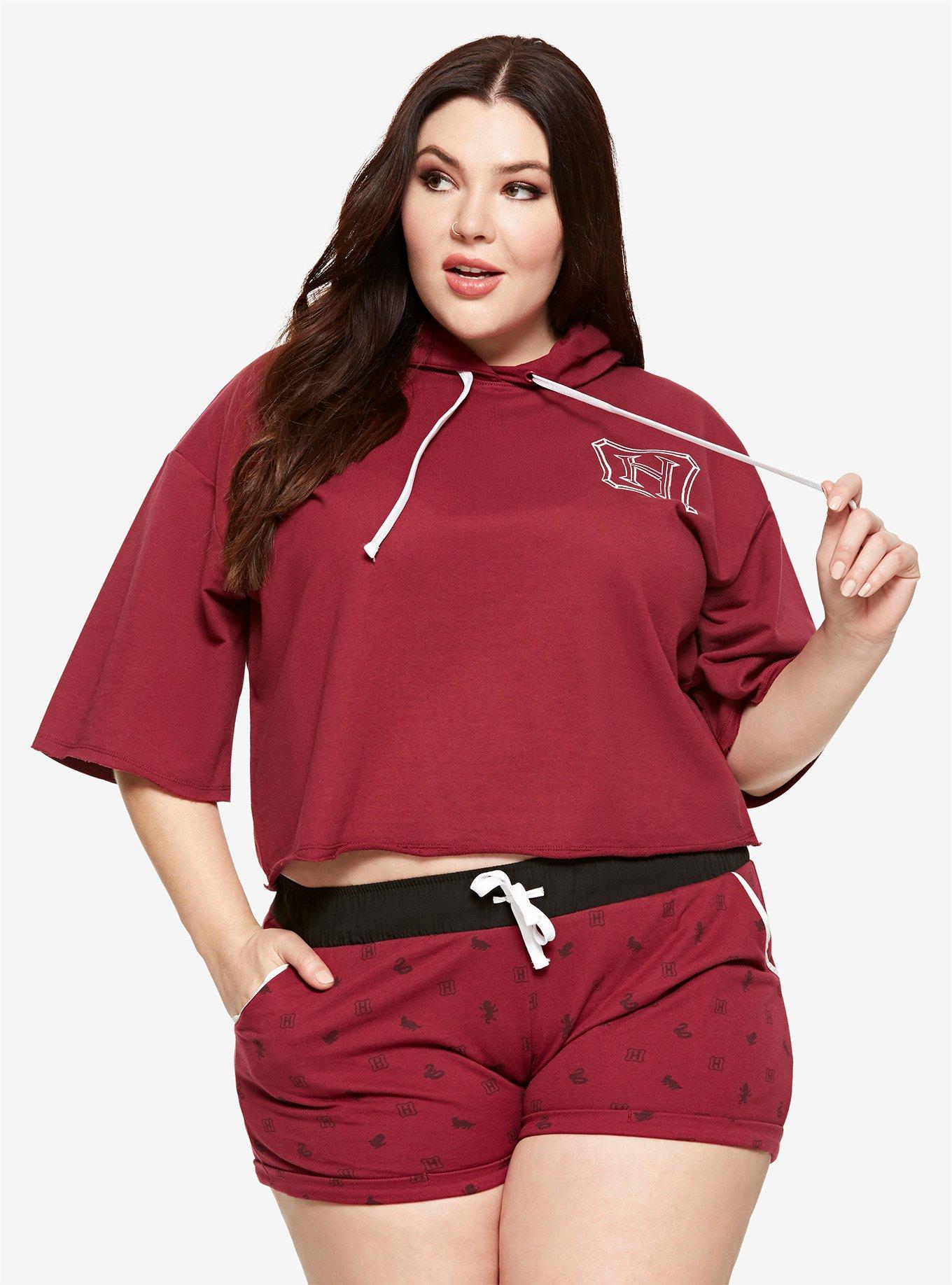 Harry Potter Hogwarts Girls Crop Short-Sleeve Hoodie Plus Size, BURGUNDY, hi-res