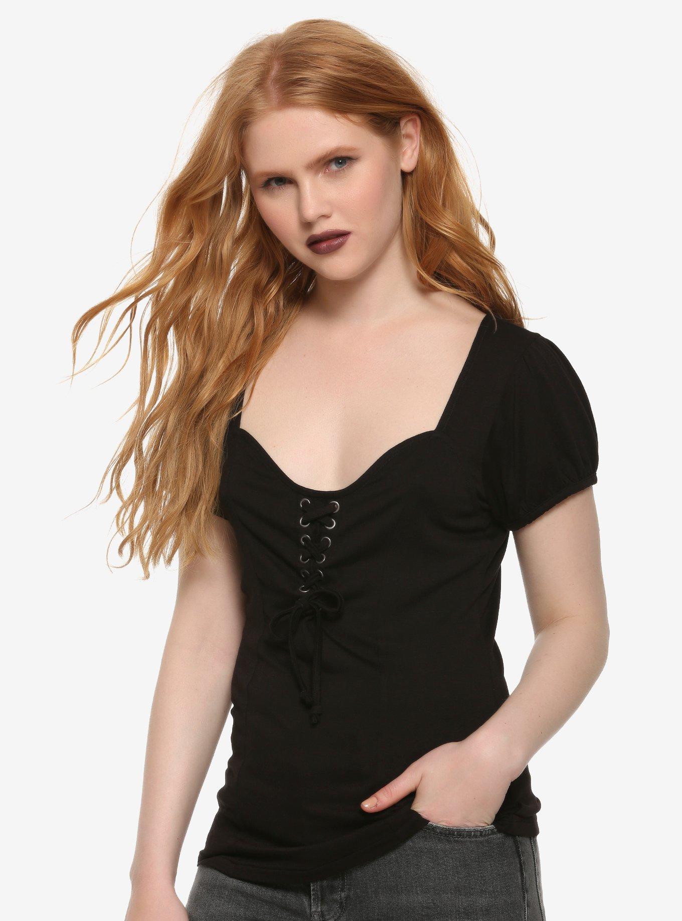 Black Lace-Up Girls Top, BLACK, hi-res