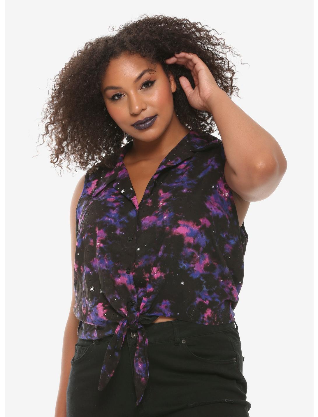 Galaxy Tie-Front Girls Woven Button-Up Plus Size, GALAXY, hi-res